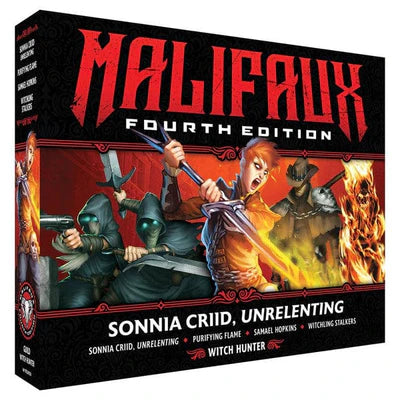 Malifaux Fourth Edition game box with character illustrations on a black background
