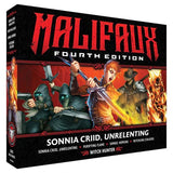 Malifaux Fourth Edition game box with character illustrations on a black background