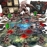 Board game setup with fantasy figures and scenery on a hexagonal grid