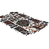 Board game setup with various pieces and cards on a white background