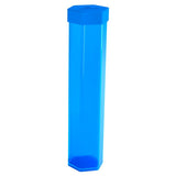 Blue hexagonal container with a blue lid on a white background