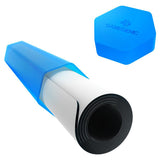 Blue and white roll of paper with a hexagonal blue block on a white background