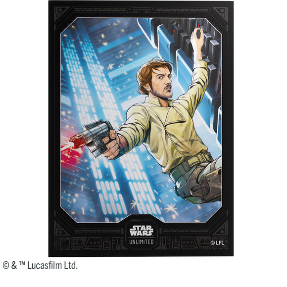 Character from 'Star Wars' holding a weapon with a futuristic cityscape background
