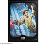 Character from 'Star Wars' holding a weapon with a futuristic cityscape background