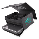 Black game case with compartments and a game disc, featuring 'Arkham Horror' branding.