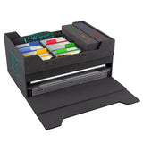 Black card storage box with compartments for trading cards on a white background