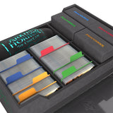 Card game box with compartments labeled 'Arkham Horror' on a white background