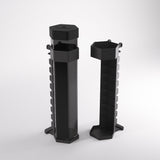 Two black hexagonal stands on a white background