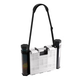 Clear plastic tool organizer with black handle on a white background