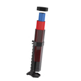 Black cylindrical object with red and blue components on a white background