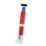 Red and blue cylindrical object with a black top on a white background