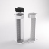 Two hexagonal display stands on a white background