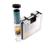 Transparent cylindrical container with a black lid on a white background