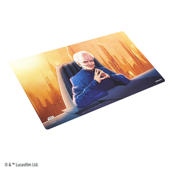 Mouse pad with a character in a blue robe and chair, with a cityscape background, on a white background.