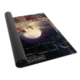 Rolling out a decorative mat with fantasy design on a white background