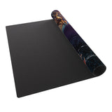 Black gaming mouse pad with a rolled-up colorful mouse pad on top