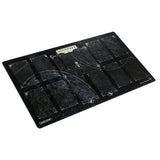 Black game mat with multiple compartments on a white background