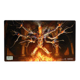Game mat with a fantasy design featuring a tree-like creature and flames, branded with 'Arkham Horror' and 'Gamegenic'.