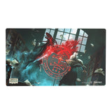 Playmat with a dark fantasy design featuring a red sigil and two figures in an urban setting.