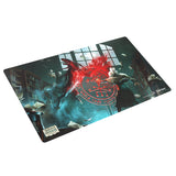 Game mat with a red demon-like creature and a symbol on a white background