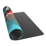 Black gaming mouse pad with a rolled-up colorful mat on a white background