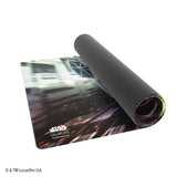 A Gamegear gaming mat featuring a Star Wars: The Force Awakens 'Galactic Escape' design, shown partially unrolled with a black foam roller on a white background.