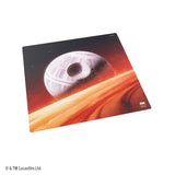 A rectangular desk mat featuring a Star Wars Death Star design over a red and orange desert landscape, shown on a plain white background.