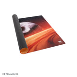 A rolled-up Star Wars playmat featuring a graphic print of a Death Star in space over a red-orange planet, shown on a clean white background with a visible orange underside.
