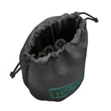 Gray drawstring bag with a brand logo containing small cylindrical objects on a white background