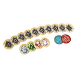 Set of dice with various symbols and numbers on a white background