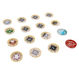 Set of game tokens with various symbols on a white background