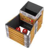 Wooden dice tray with 'Clash of Clans' branding and two red dice inside, on a white background.