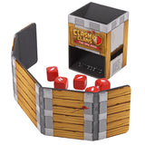 Dice set with 'Clash of Clans' design featuring red dice with white symbols on a wooden-themed stand.