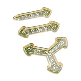 Three decorative letter 'H' shaped items with green and gold design on a white background