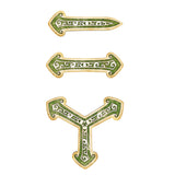 Three decorative green and gold letters 'E', 'A', and 'Y' on a white background