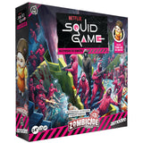 Board game box for 'Squid Game' themed expansion on Netflix, featuring characters in red hoods and a colorful design.