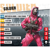 Character in pink military suit with weapon on a background with text and icons