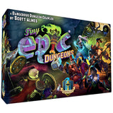 Board game box for 'Tiny Epic Dungeons' with colorful characters and text.