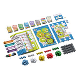 Board game components including cards, boards, and various game pieces on a white background