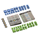 Board game components including tiles, cards, and markers on a white background