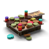 A colorful children's wooden board game set featuring a rectangular playtable with multiple round and cylindrical pieces in green, brown, red, yellow, and turquoise, shown on a clean white background.