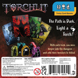 Back of a card game packaging for 'Torchlit' by Tricky Card Games with game cards and torches displayed.