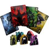Set of themed playing cards with colorful card stands on a white background