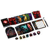 Collection of board game components including cards, tokens, and a pen on a white background