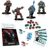 Halo Flashpoint game components including figures, dice, and rulebook on a white background