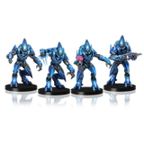 Four blue futuristic warrior figurines on black bases against a white background