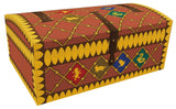 Decorative storage trunk with Harry Potter-themed designs on a white background