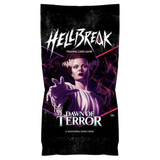 Trading card game pack titled 'Hellbreak: Dawn of Terror' with a character in a dark background.