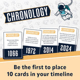 Chronology game cards with an astronaut illustration on a timeline-themed background