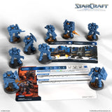 StarCraft miniatures and game cards on a white background